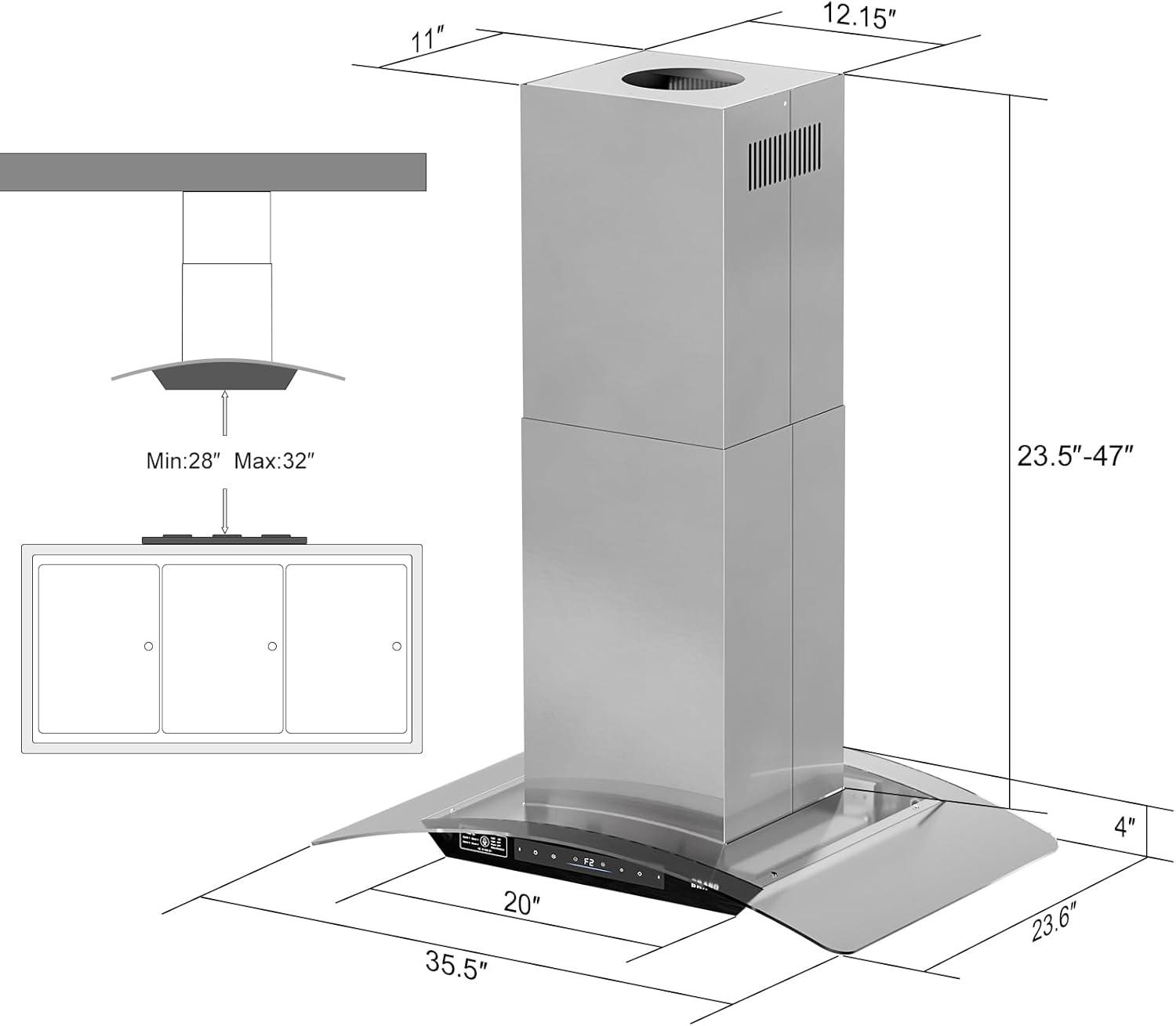 BRANO 36 Inch Island Range Hood, 900 CFM Voice/Gesture/Touch Control Ceiling Vent Hood with 4 Speed Exhaust Fan, 4 LED Lights, Memory Mode, Ducted/Ductless Convertible with 2 Charcoal Filter