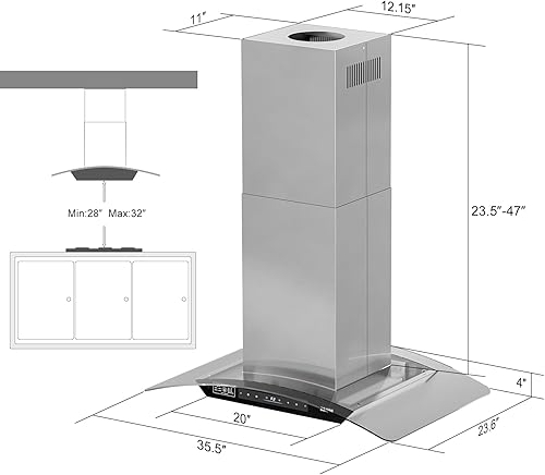 Miniatura 4 de BRANO Campana extractora de isla de 36 pulgadas, 900 CFM de vozgestoscontrol táctil con ventilador de escape de 4 velocidades, 4 luces LED, modo de