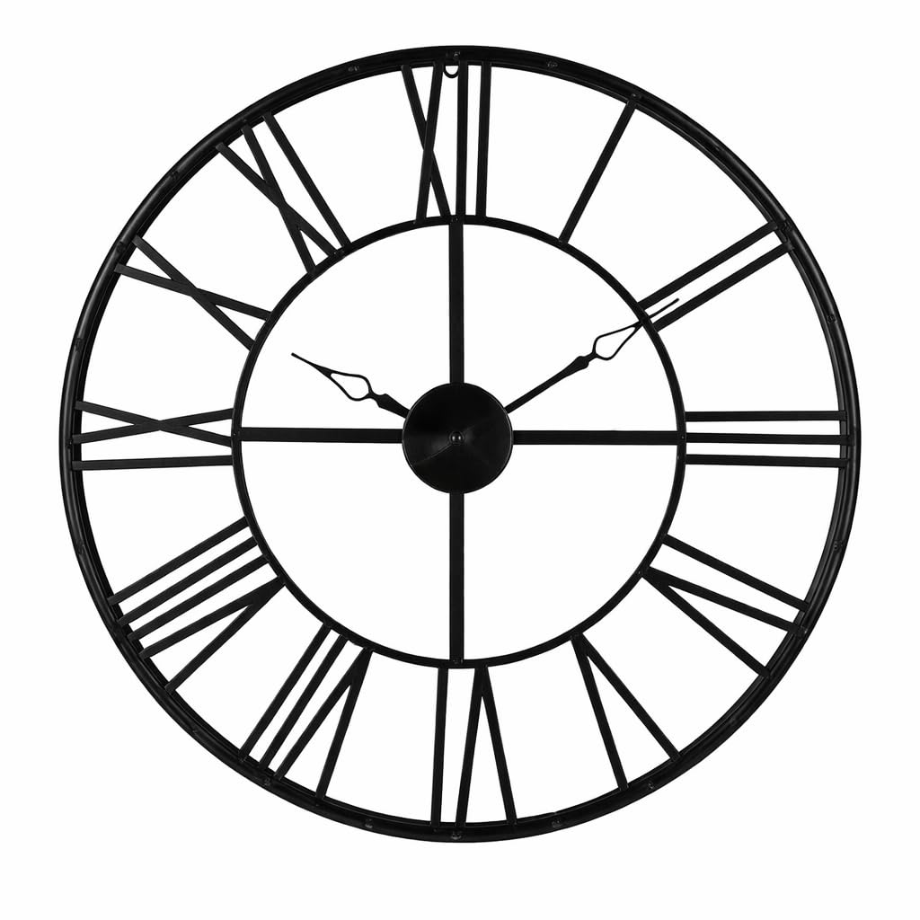 Grande horloge murale en métal - Diamètre : 70 cm - Noir - Design squelette industriel vintage avec chiffres romains - Horloge à cadran ouvert - Mouvement silencieux - Pour salon, cuisine