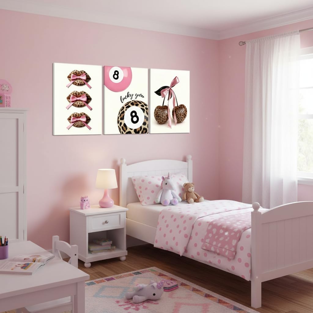 Y2K Pink Leopard Wall Art Set of 3 Baddie Coquette Bow Cherry Lucky 8 Ball Posters, Hot Girl Aesthetic Pink & Black Room Decor for Teen Girls Bedroom Dorm 12x16in Framed
