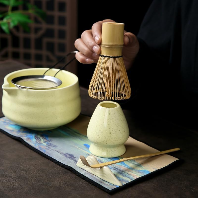 7 matcha whisk set 1 Matcha Whisk ，Matcha Bowl with Pouring Spout Scoop Matcha Whisk Holder Tea Making Kit. 1 matcha whisk set (7pcs), 15.2 Ounce (Yellow) - Image 5