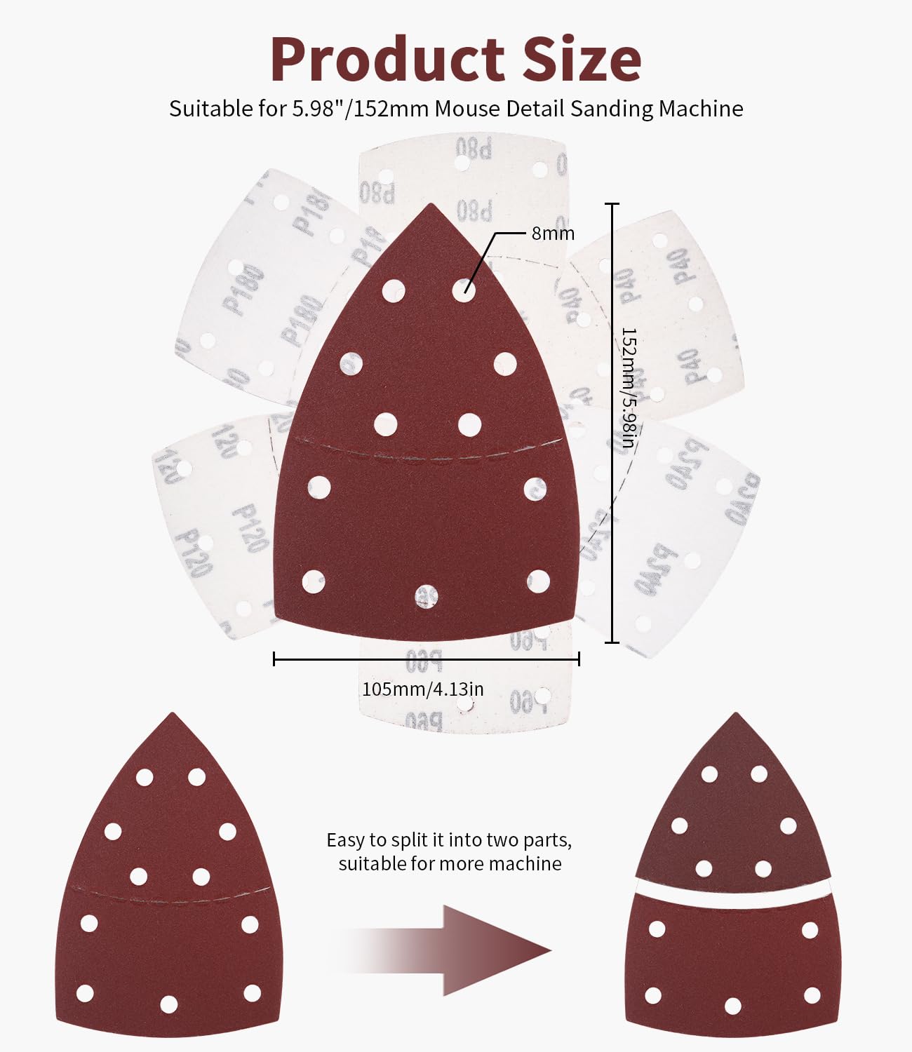 Lot de 60 Papier de Verre pour Ponceuse de Détail de Souris, Grain 40 60 80 120 180 240, Papier a Poncer Triangulaire Professionnel pour Ponçage et Polissage, Papier de Ponçage à 11 Trous