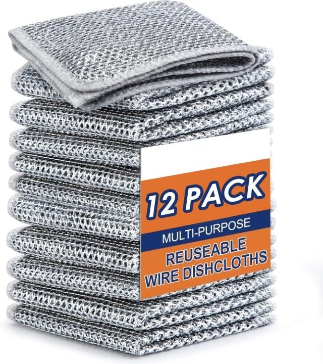 Image of Multipurpose Wire Dishwashing Double Layer Rags for Wet and Dry Stainless Steel Scrub Non-Scratch Wire Dishcloth for Washing Dishes Sinks Counters Easy Rinsing Machine Washable (Pack of 12)
