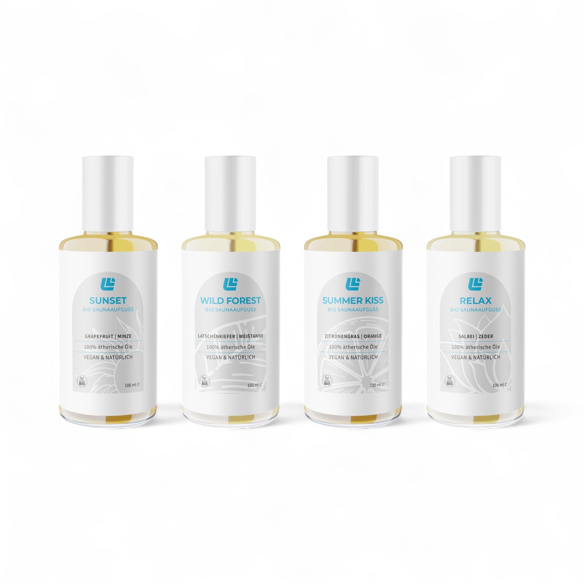Bio Saunaaufguss 4er Set - 100% ätherische Öle - 4 x 100 ml - Vegan & Natürlich - Saunadüfte - Saunaöle - Premium Qualität - Wellness & Aromatherapie - Vegan & ohne Zusatzstoffe