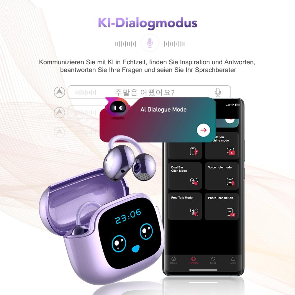 AI - Traduttore per cuffie NE32, in tempo reale, 136 lingue con app, cuffie Bluetooth senza fili, 3 in 1,40H, per iOS e Android, apprendimento, da viaggio viola