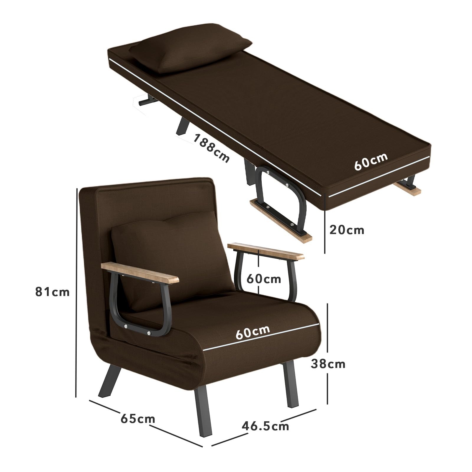 Fabulcozy Divano letto convertibile 3 in 1, poltrona regolabile 5 posizioni, fodera rimovibile in lino cotone, cuscino spesso, gambe in metallo trapezio inclinato, braccioli in legno e metallo, per