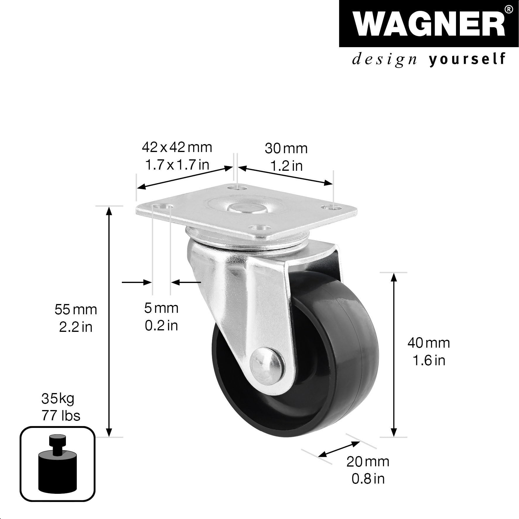 Wagner rolka meblowa/kółka skrętne, zestaw 8-częściowy, średnica Ø 40 mm, wysokość konstrukcyjna 55 mm, stal ocynkowana, czarna, płyta przykręcana 34 x 48 mm, nośność 35 kg - 02212100