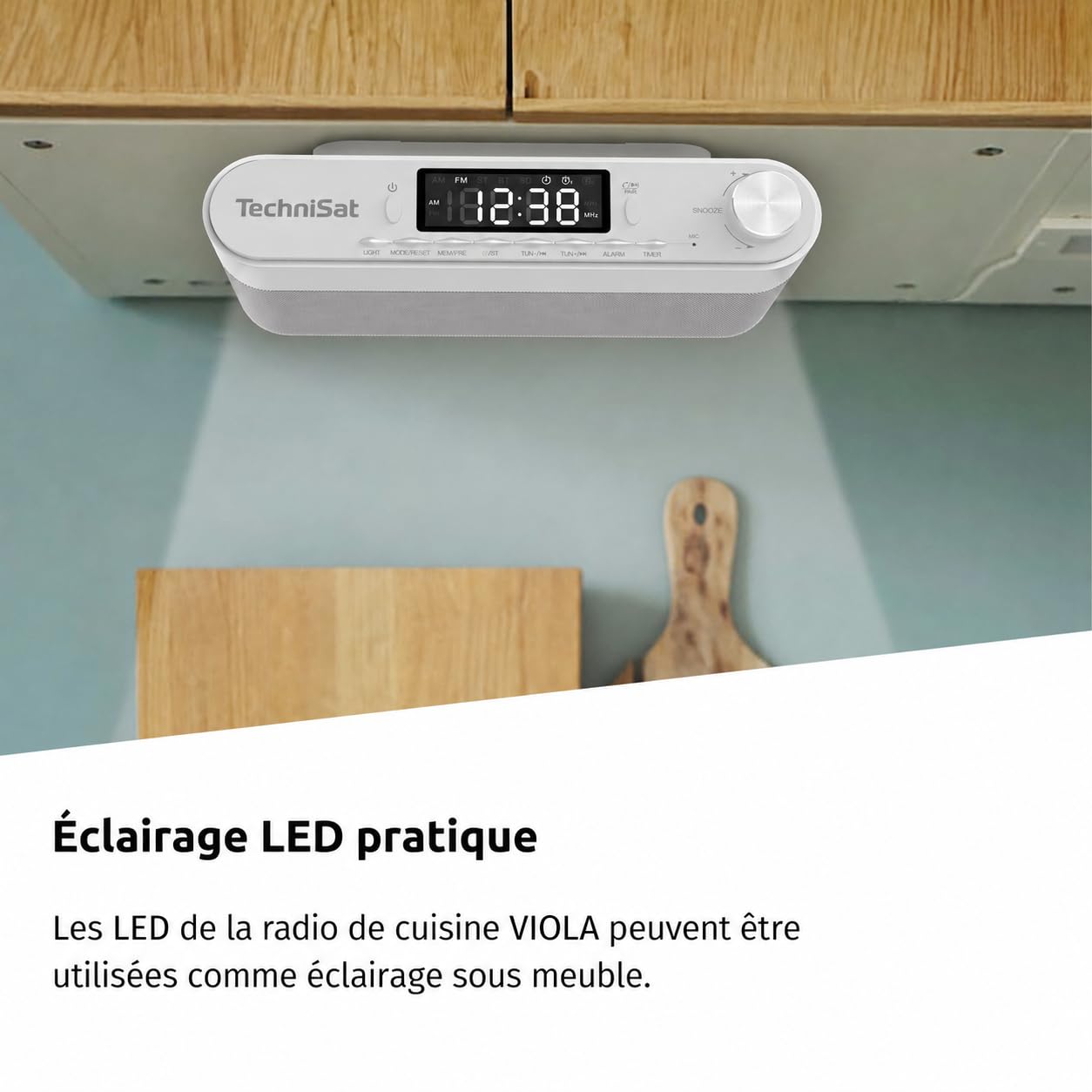TechniSat Viola Radio de Cuisine - encastrable avec FM | écran LED, lampe de travail, minuterie, Bluetooth, fonction réveil, mains libres, haut-parleur 5 W, blanc