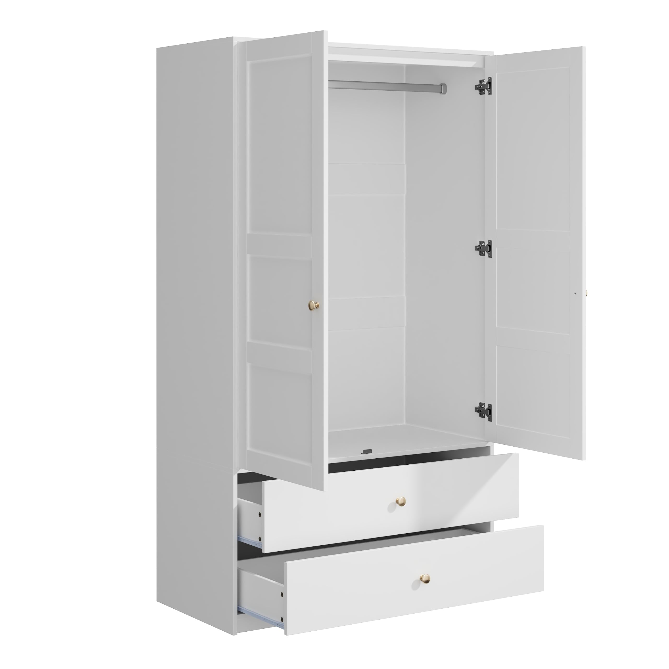 Kebnor Armario de 2 puertas con 2 cajones y barra para colgar ropa, muebles de dormitorio, armario con barra para colgar, 100 x 48 x 180 cm, color blanco