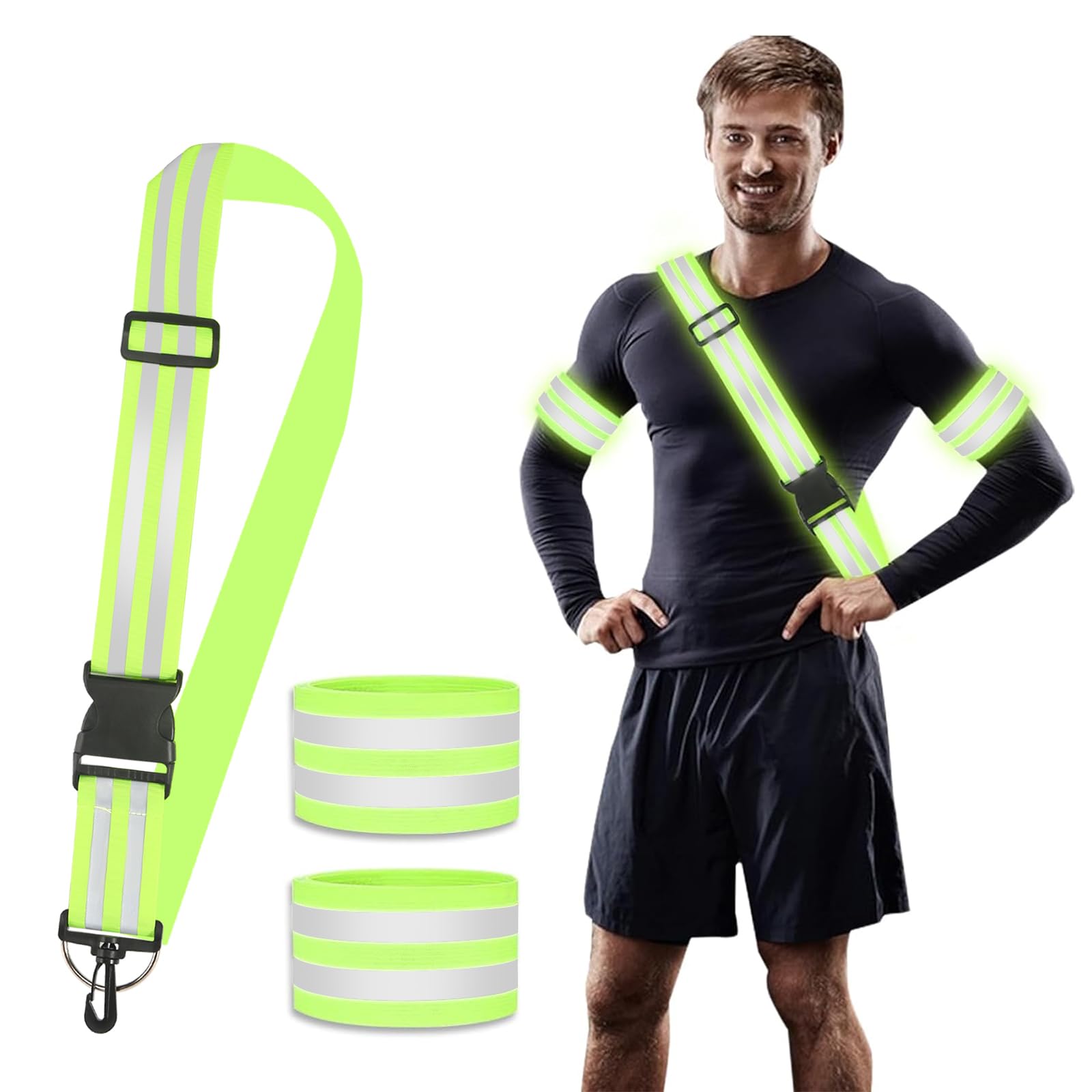 Reflective Sash 3 Pieces Reflective Running Gear High Visibility Safety Reflective Sash with Clip, Adjustable Reflective Belt with Reflective Armbands for Night Walking Cycling