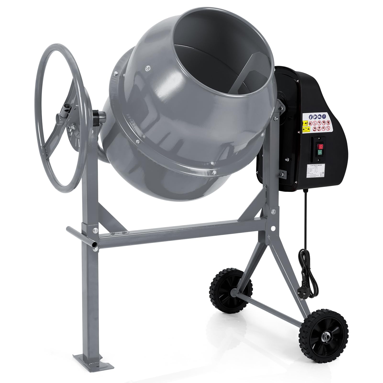 DKIEI 120L Electric Cement Mixer, 450W Concrete Mixer with Wheels and Stand, Portable Mud Mixer Machine for Cement, Stucco, Seeds and Fodder, 230V, 50Hz, 30RPM, Grey
