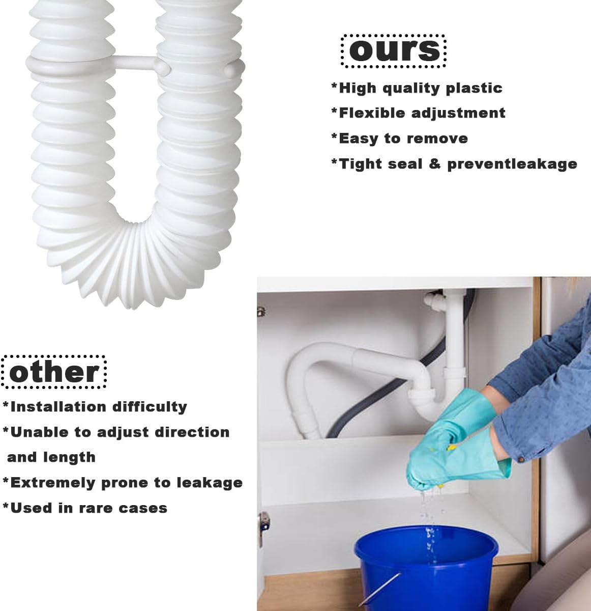 White Flexible Expandable Bathroom P Trap, 1 1/4 to 1 1/2 Sink Drain Adapter Included, Wash Basin Rubber Tips Sink Drain Pipe, Universal Extension Tube for Kitchen Bathroom Sink Sewer Drain