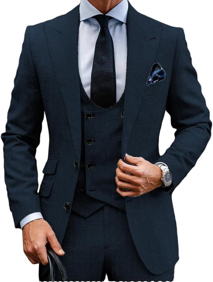MoranX Casual Men's Suits Regular Fit 3 Piece Double Breasted Wool Plaid Tuxedos