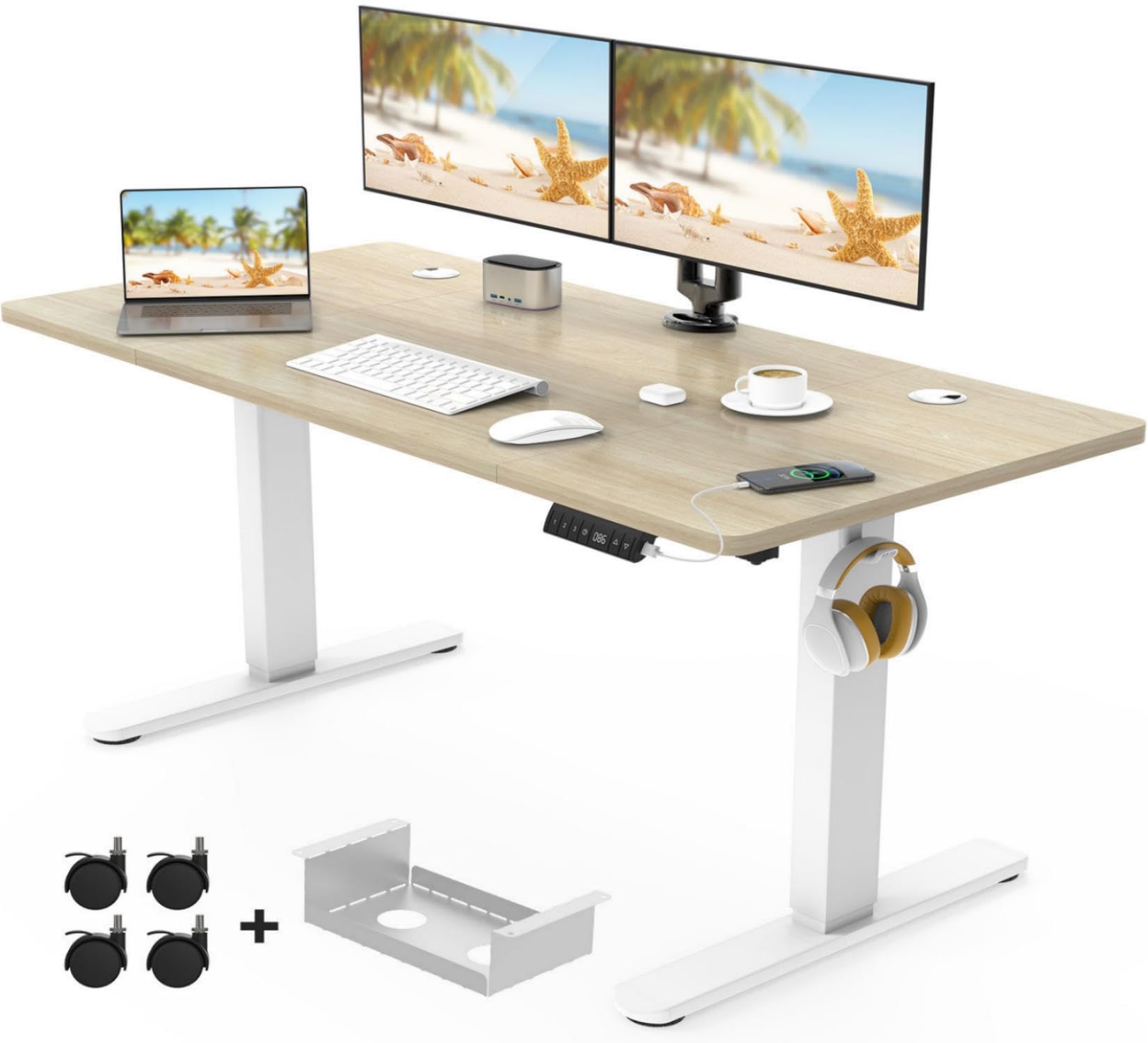Devoko 140 x 80cm Electric Standing Desk with USB Charging Port (Newly added TypeC), Height Adjustable Standing Desk with Cable Tray and Wheels, Small Sit Stand Desk for Home Office (beige)