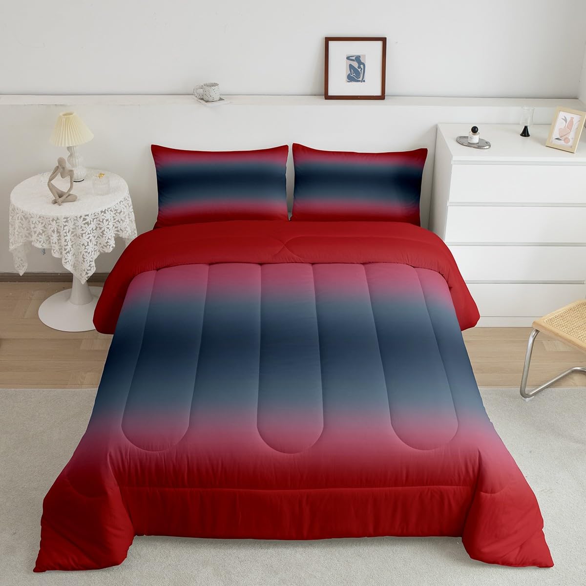 Ombre Navy and Red Comforter Set Kids Gradient Red Blue Bedding Sets for Boys Girls Watercolor Art Twin Bed Comforter Set, Modern Minimalist Duvet Set