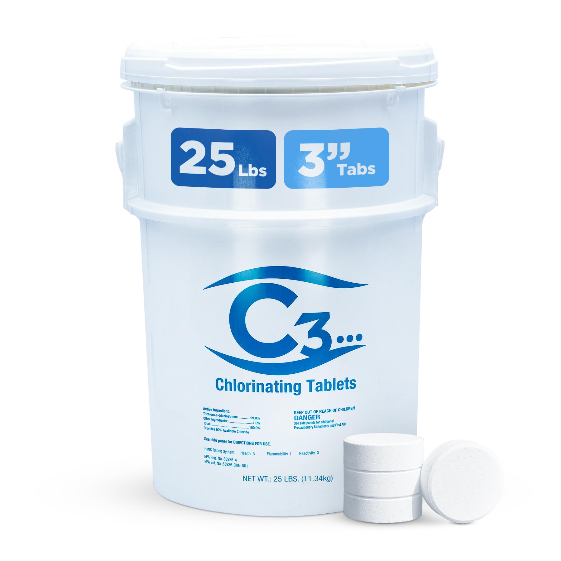 C3… 25 lbs. 3" Stabilized Chlorine Tabs for Swimming Pools | Easy to Use for Above Ground or Inground Pool | Slow Dissolving Individual Chlorinating Tablets | 25 Pound Bucket