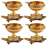 Hashcart (Set of 10 Handmade Indian Puja Brass Oil Lamp - Golden Diya Lamp Engraved Design Dia with...