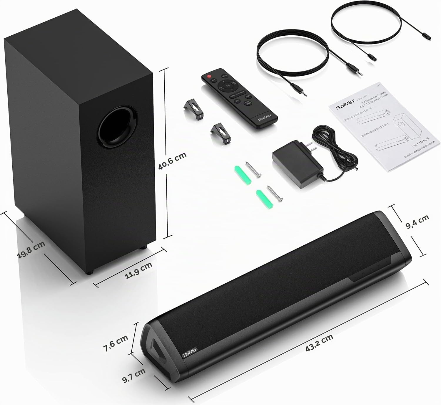 Saiyin 17 Pollici 70W Soundbar con Subwoofer per TV | Home Cinema 2.1 Canali ，Bassi Regolabili, Indicatore di Volume e Ingressi Bluetooth/Ottico/AUX per TV, PC, Proiettore