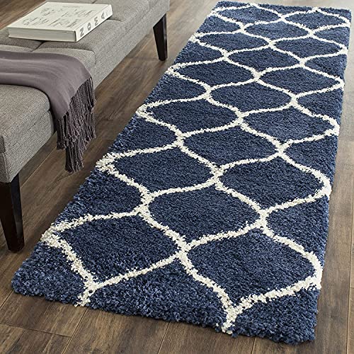 Image of Handwoven Microfibre 3D Rug for Living Room (Navy Blue & Ivory Moroccan, 2 X 5 Feet (Runner), Microfibre)