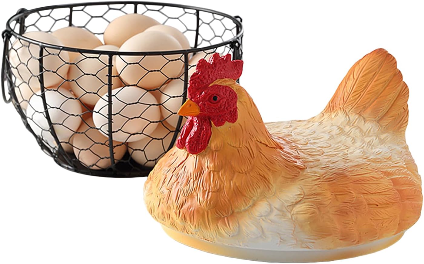 Egg Basket - Vintage Metal Egg Holder, Farmhouse Chicken Lid Storage Container with Rustic Wire Design, Decorative Kitchen Organizer, Ideal for Fruit Snack Countertop Farm Easter Display