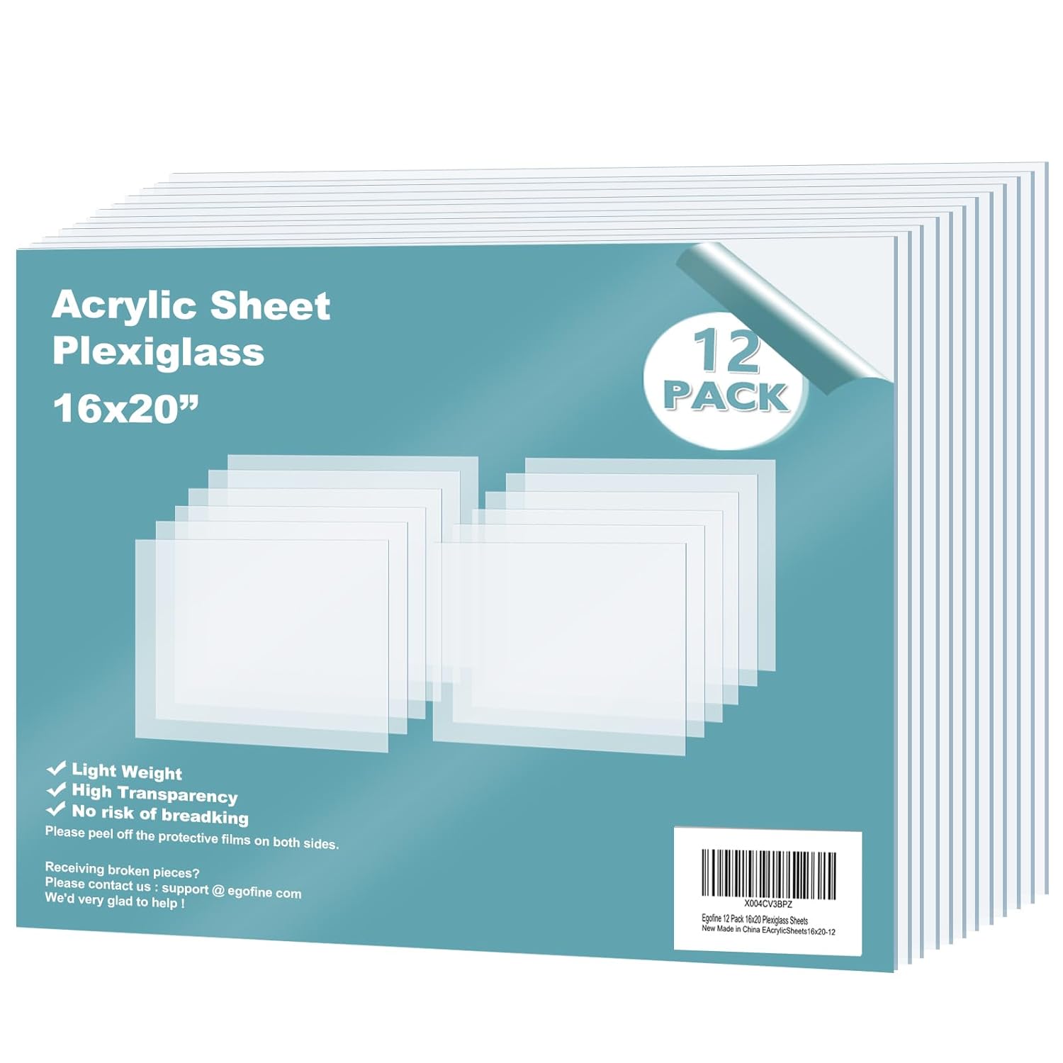 Egofine Plexiglass Sheets Acrylic Sheets 12 Pack of 16x20’’ 0.04 Thick Clear Plastic Cast Transparent Plexi Glass for Crafting Projects, Replacement Picture Frame Glass, DIY Display, Easy to Cut 16x20" Clear 12
