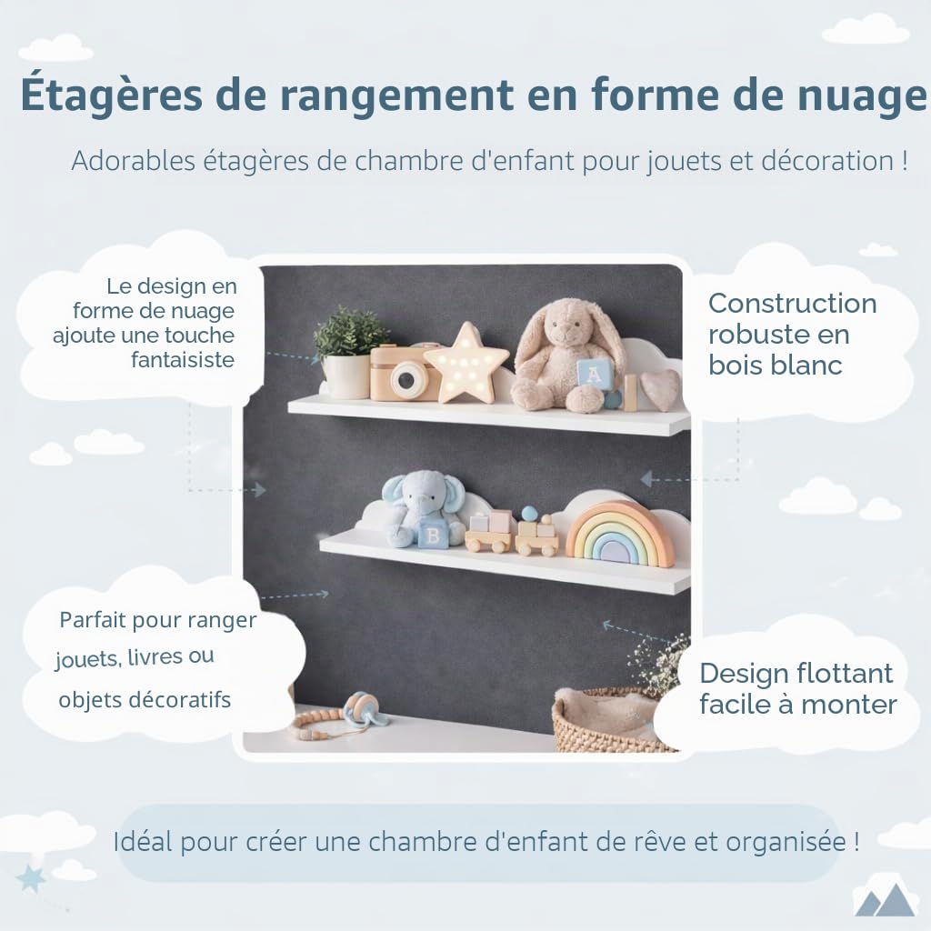 HomeZone® Lot de 2 étagères flottantes en Forme de Nuage pour Chambre d'enfant ou Salle de Jeux Panneau MDF Blanc, étagère légère pour Rebord d'image, étagère pour Chambre de bébé, Murale 54 cm