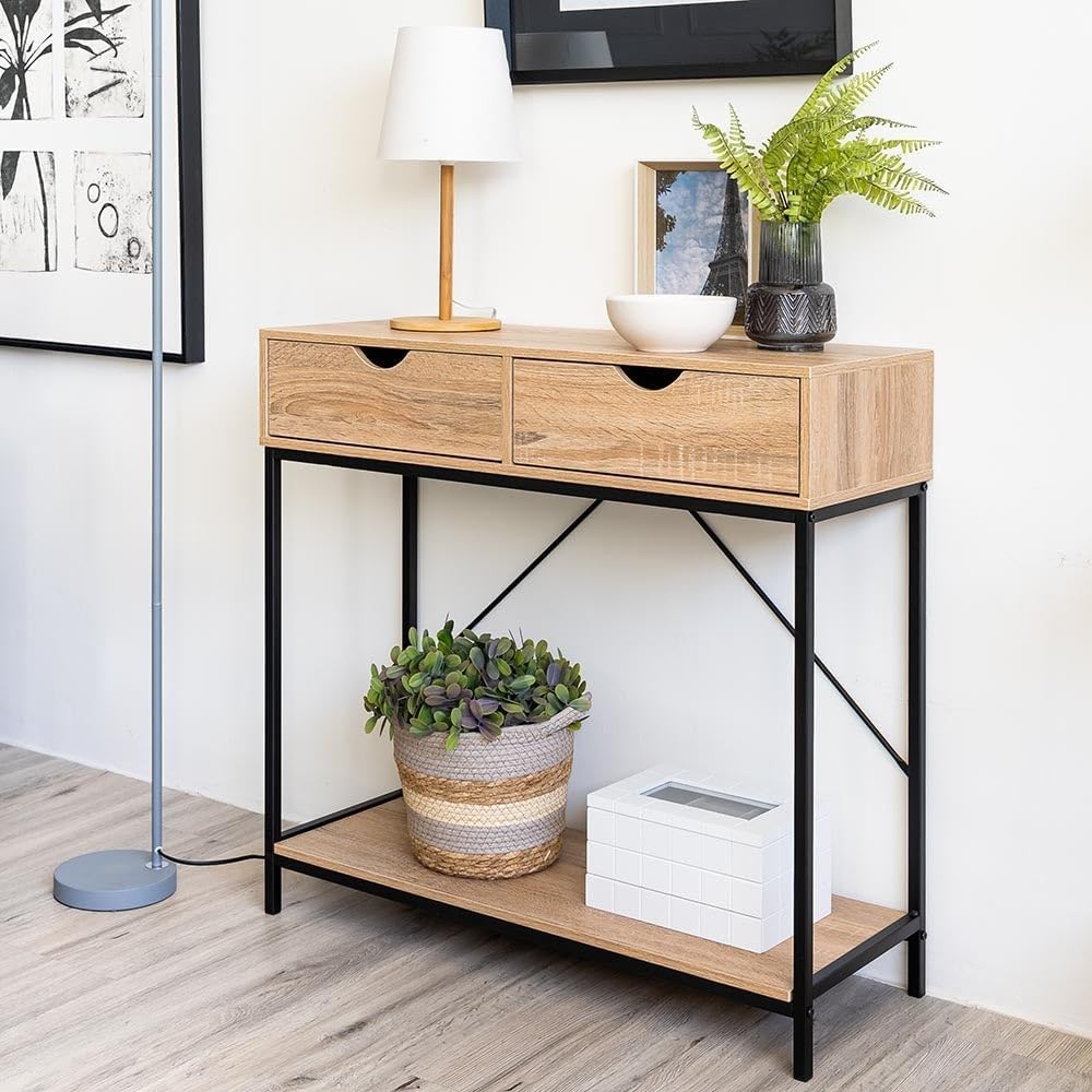 LOLAhome - Consola Urban Laminado Natural con 2 cajones y Estante de 80x75x30 cm. Estilo Industrial Robusto Que combina Madera y Metal Negro para organizar tu Entrada con Las Tendencias.