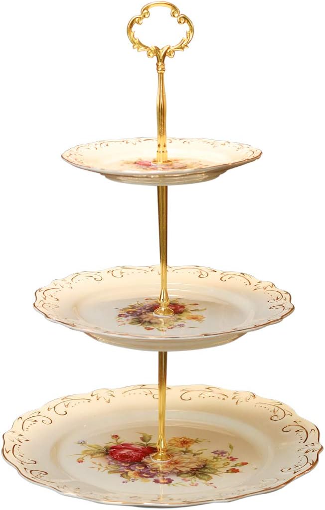 YOLIFE Flowering Shrubs 3 Tiered Cupcake Stand, Emboss Golden Leaves Edge Pastry Tower, 6-8-10 inch