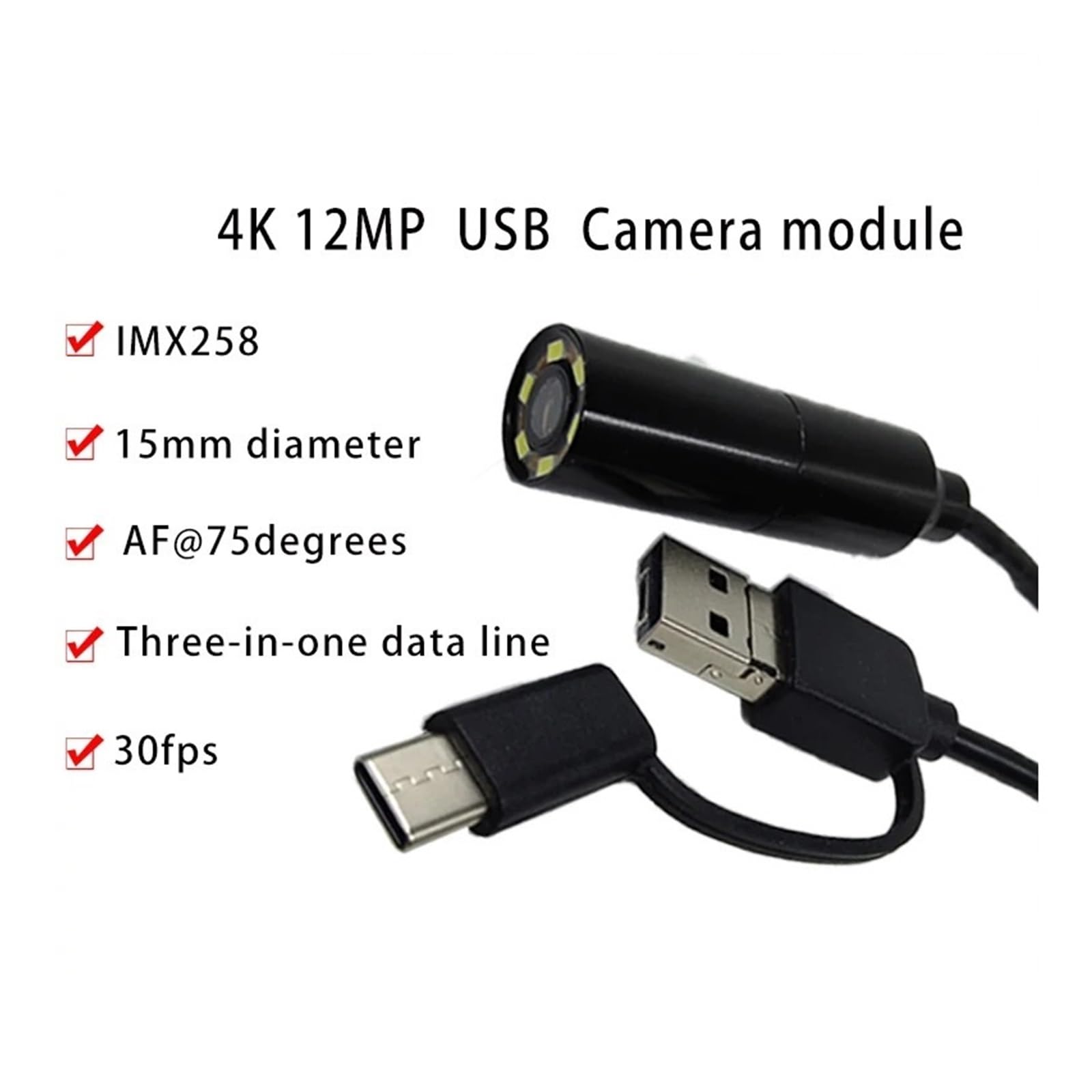 Boroskop, Kamera endoskopowa do wykrywania rurociągów Detektor HD Bez napędu USB Autofokus 75 stopni(5m)