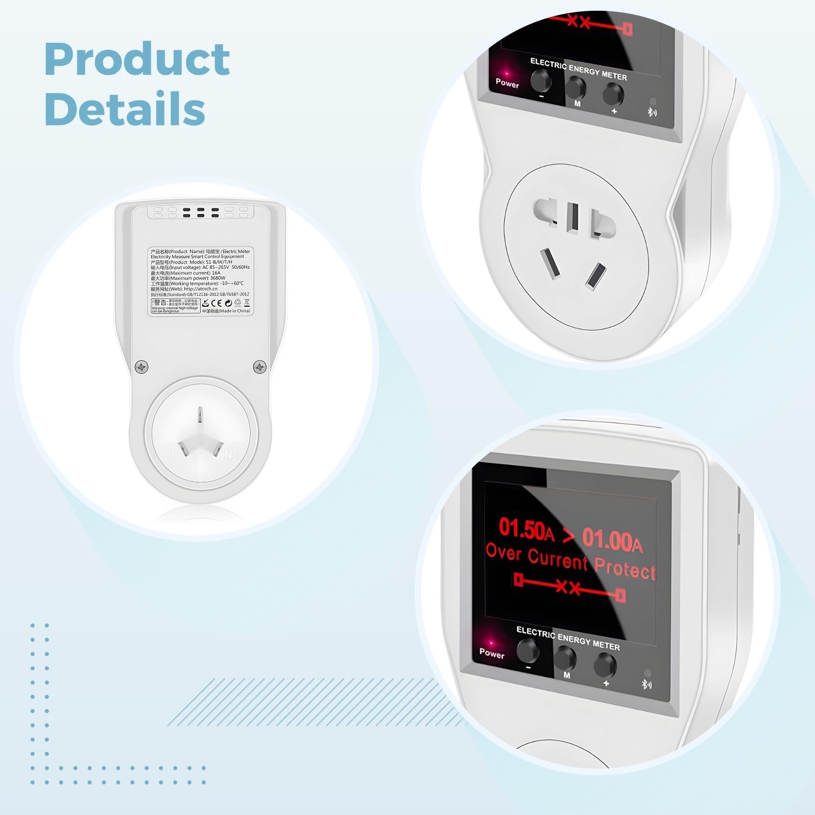 Misuratore di potenza WiFi intelligente, connessione wireless, display LCD, monitor consumo energetico, spegnimento automatico, controllo della temperatura, uccidere un wattmetro per elettrodomestici