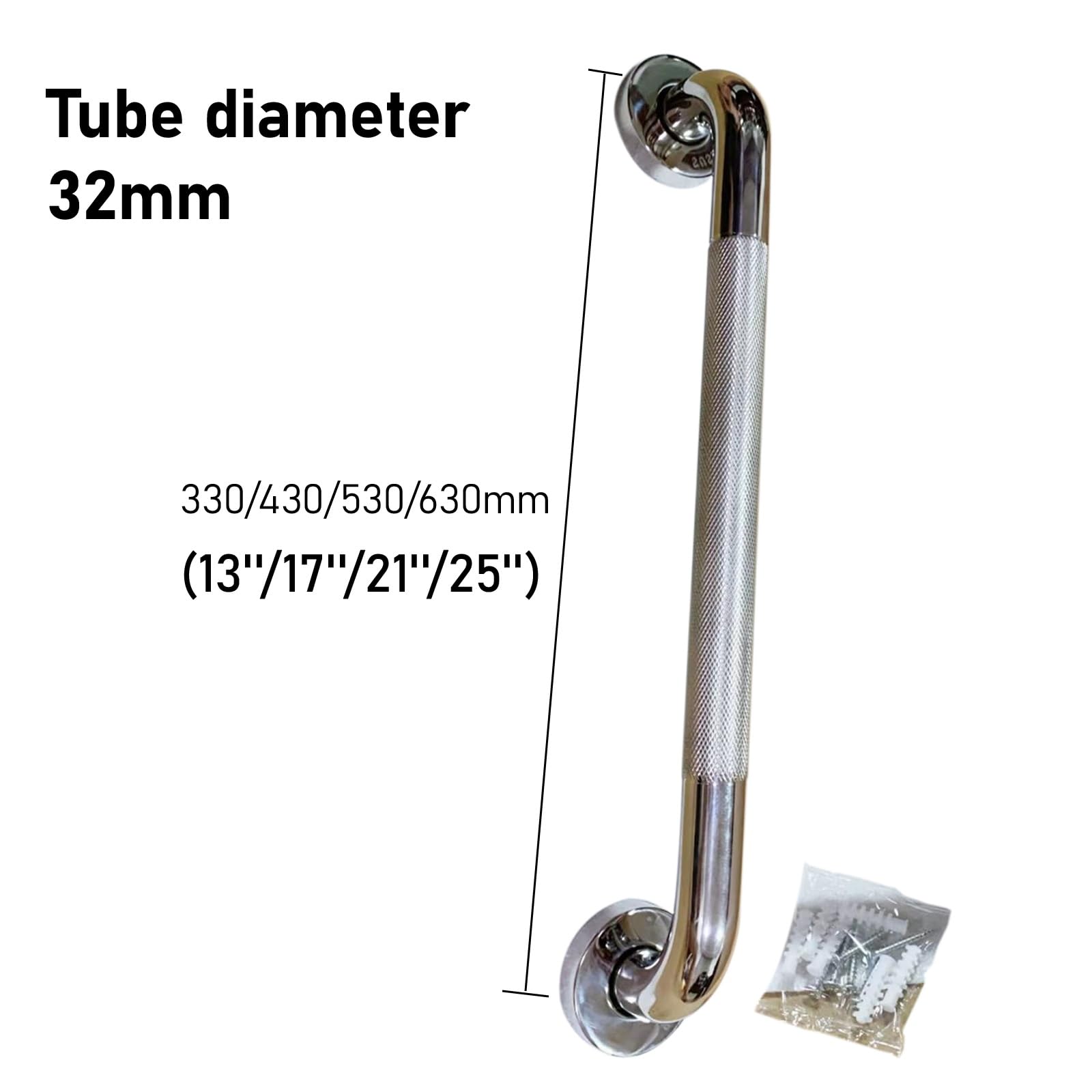 Barra di sostegno antiscivolo a forma di U, in acciaio inox 304, per interni ed esterni, diametro 3,2 cm, capacità di carico 180 kg, lunghezza 50 cm, ideale per bagno e WC (argento)