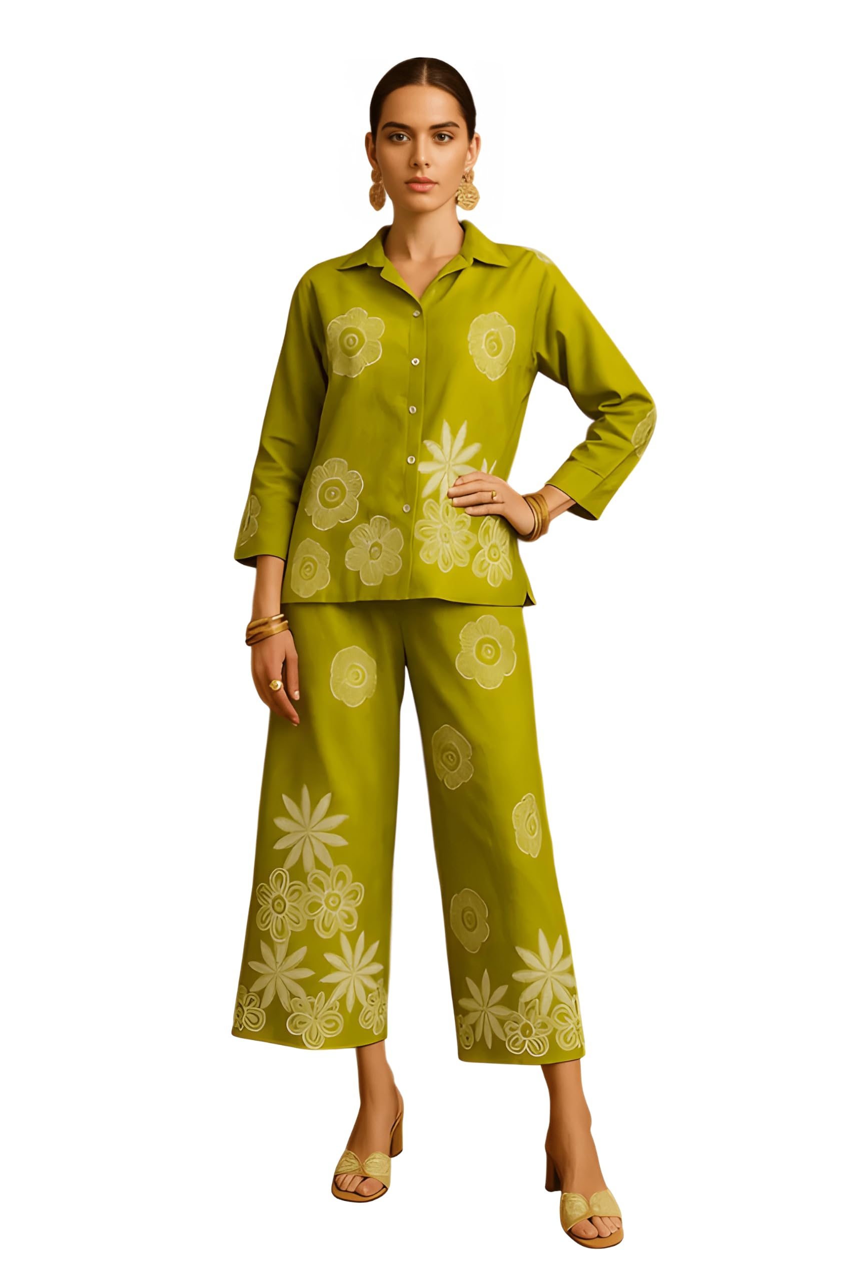 Women's Embroidered Co-ord Set, Lime Green, Free Size, Cotton-Linen Blend, Floral Threadwork, Shirt and Pants, Full Sleeves, Free Fit-picture-41