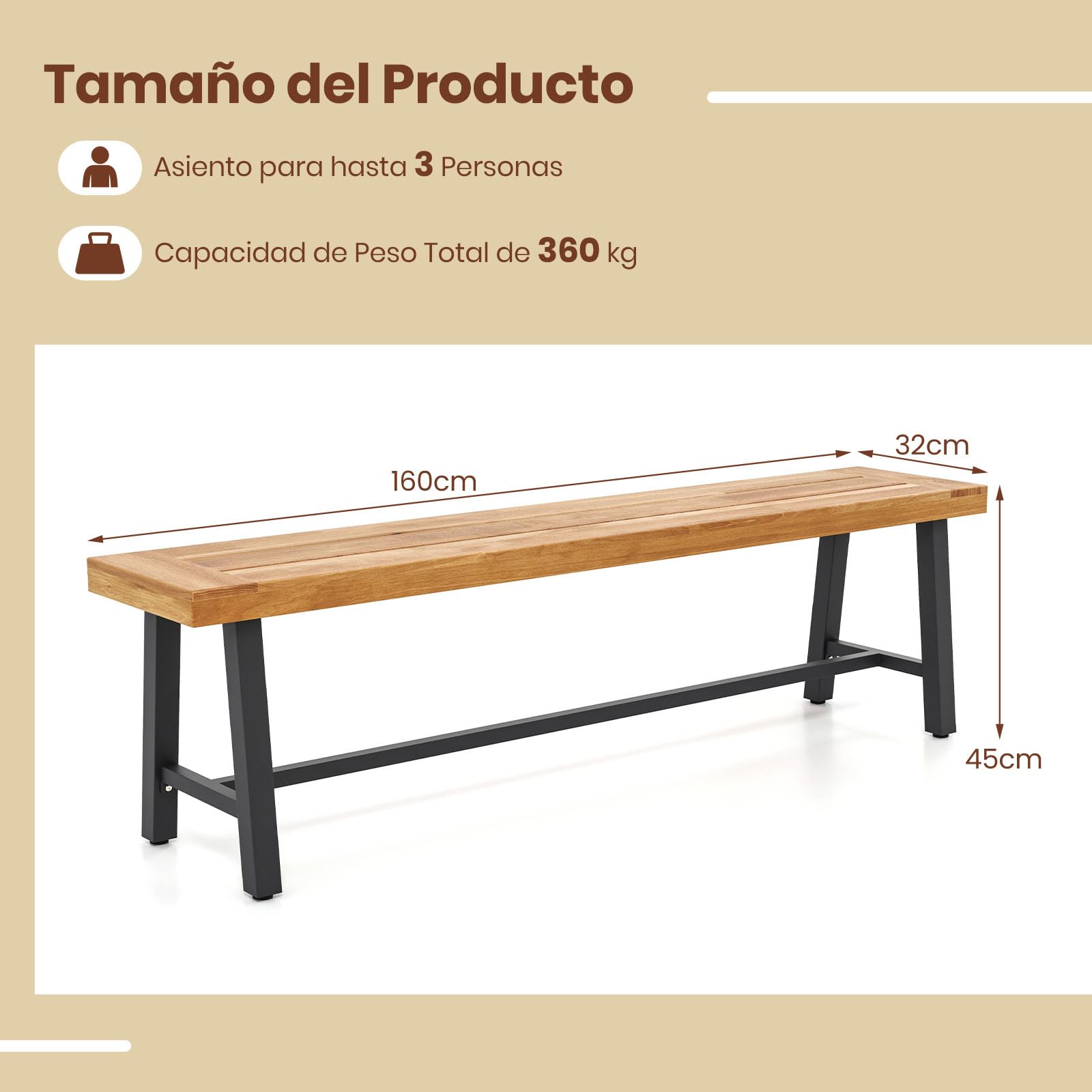 GIANTEX Banco de Jardín de Madera de Acacia 3 Plazas, 160 x 32 x 45 cm, Banco Exterior Carga hasta 360 kg, para Parque, Patio, Balcón (1)