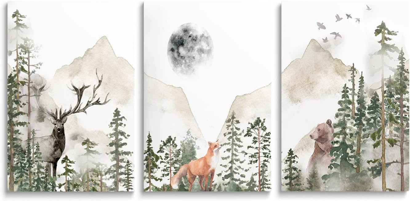 Nursery Wall Decor Wild Woodland Animals Art Poster Foggy Forest Wall Art Adventure Nursery Decor Mountain Wall Art Beige Green Prints for Boy's Room Girl's Room Toddler, Framed Canvas Set 3, 16"x24" Green Foggy Forest Animals 16 in x 24 in (3 Pieces)