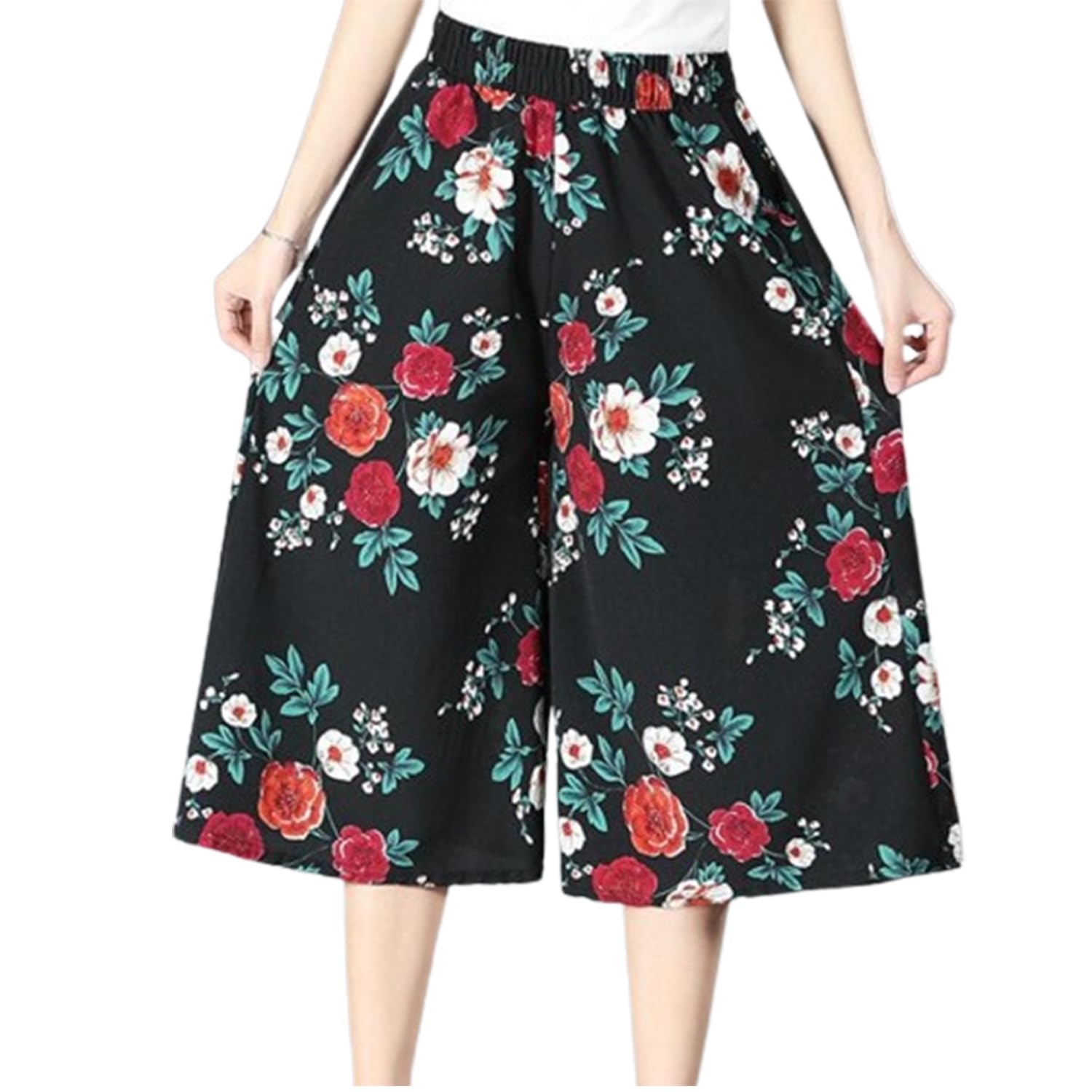 VNDUIFH Rsvelte Pantaloni Gonna,Culotte a Gamba Larga in Chiffon Pieghettato in Vita Alta Elastica da Donna,Culotte a Vita Alta al Ginocchio