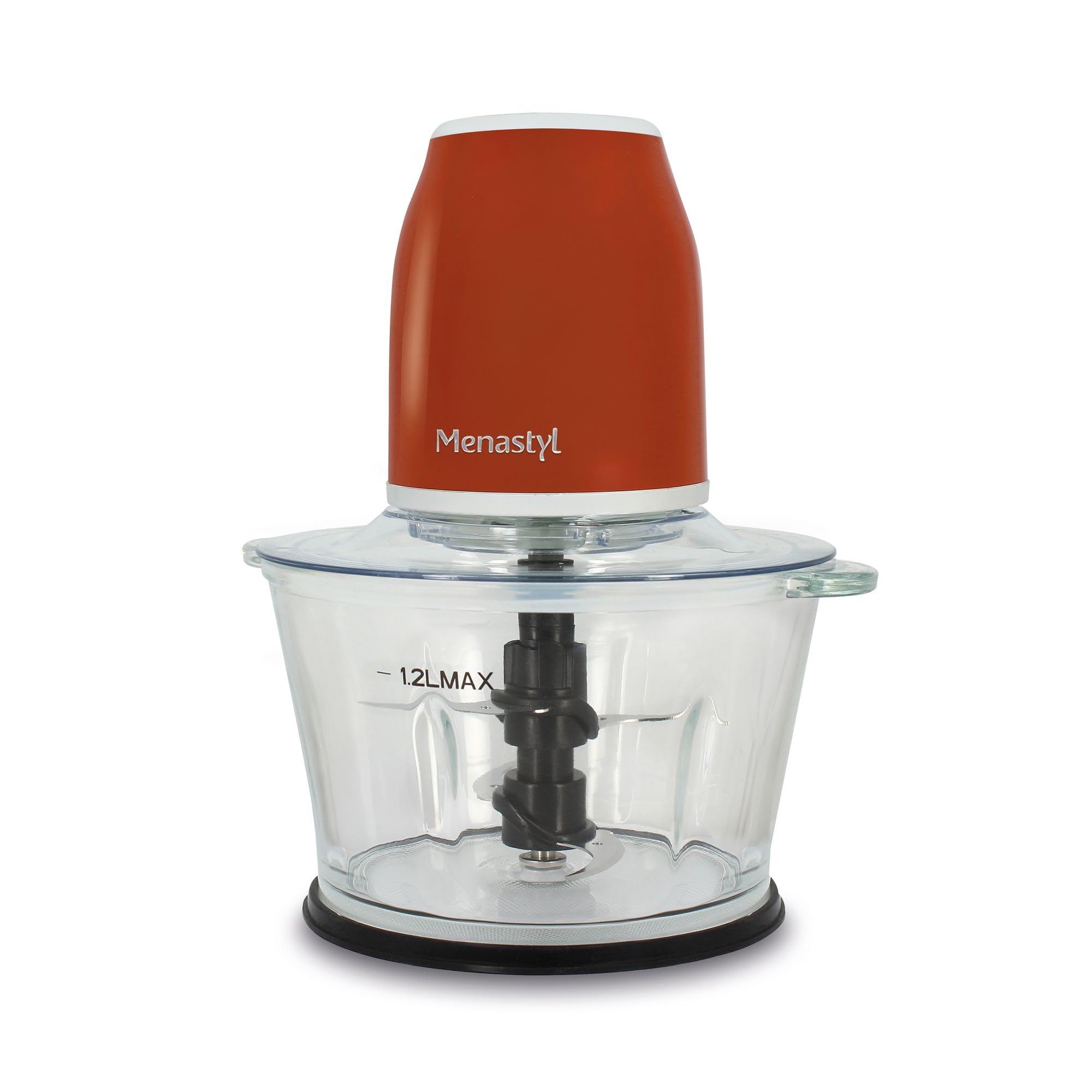 MENASTYL 6025082 - Picadora Eléctrica Retro 1,2 L - Cuenco de Vidrio, Carcasa de Plástico, 500 W, 2 Velocidades, Hacha Carne, Verduras y Hierbas - Trituradora Desmontable, Sistema de Seguridad