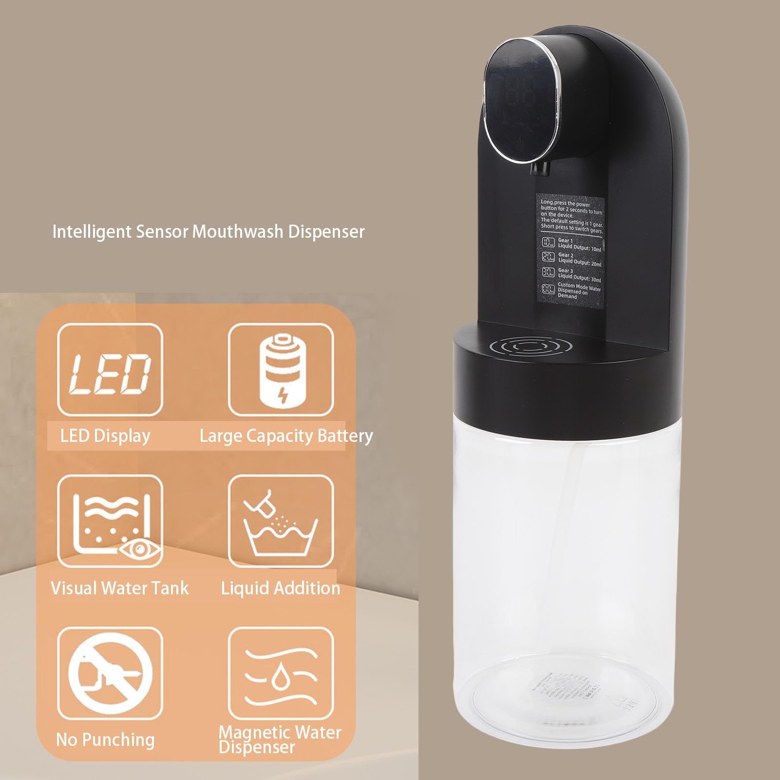 Dispensador de Enjuague bucal automático Pantalla LED 600ml Sensor Inteligente Portable Dispensador de Enjuague bucal para Enjuague bucal para el hogar y los niños