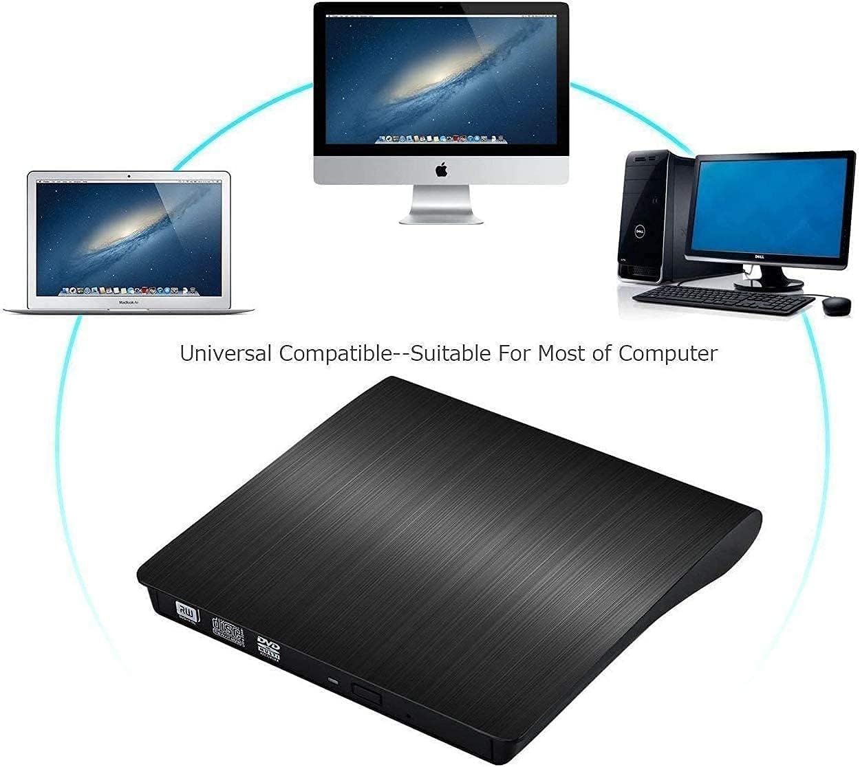 Auitee External DVD CD Drive USB 3.0 Burner Writer Drive Player High Speed Data Transfer for Laptop/Desktop/MacBook/Mac OS/Windows10/8/7/XP/Vista (Black)