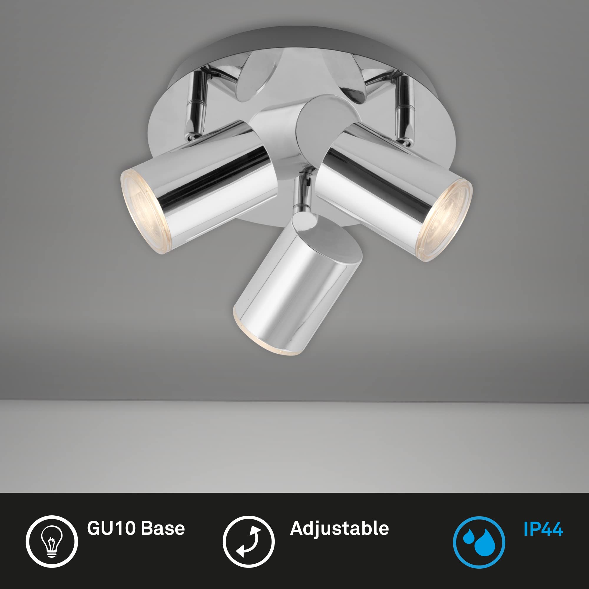 Briloner - Foco de techo, iluminación de baño, lámpara de baño, lámpara de techo, proyector orientable e inclinable, 3x LED/GU10, IP44, cromado, 210 x 112 mm (DxH)