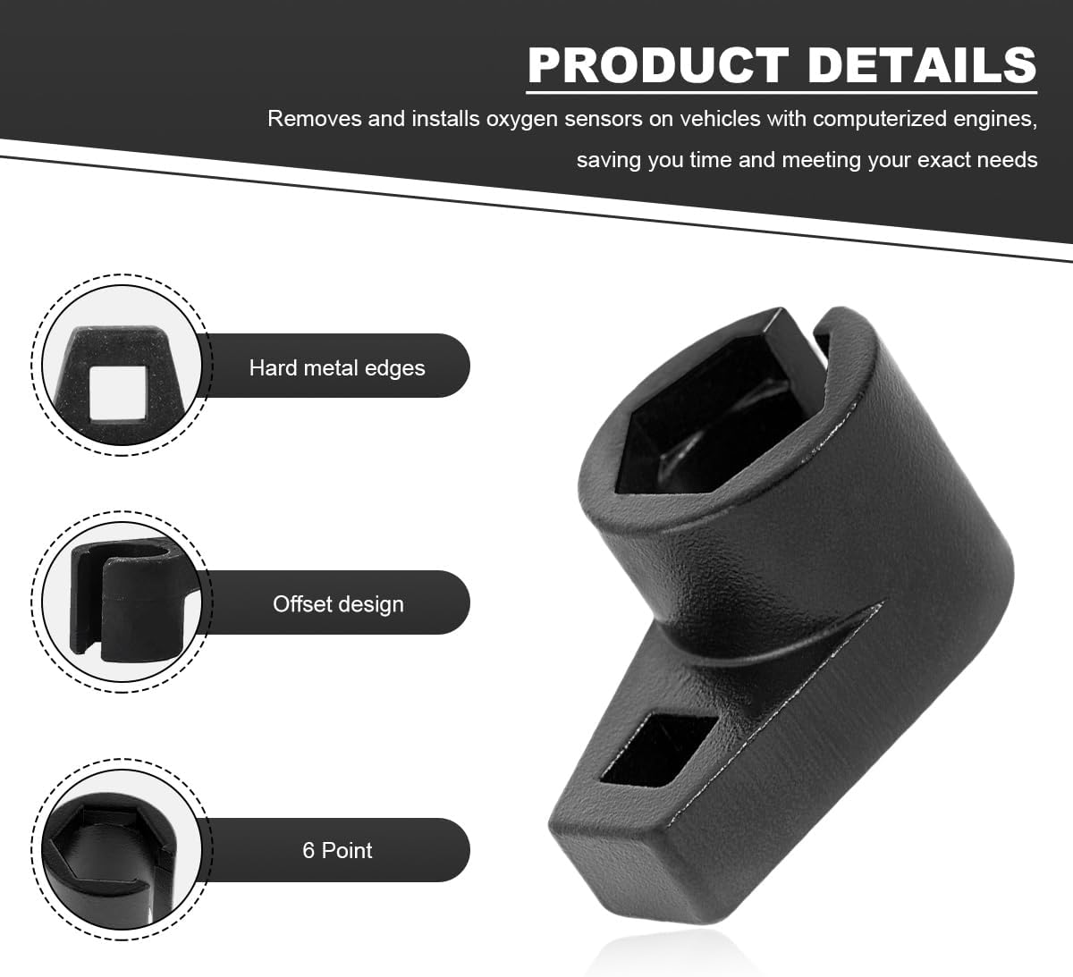 Offset Oxygen Sensor Socket, 3/8 Inch Drive by 7/8 Inch O2 Oxygen Sensor Removal Tool, Universal 6-Point Offset Wrench Wire Gate Accesses Sensor from Side, Car Accessories