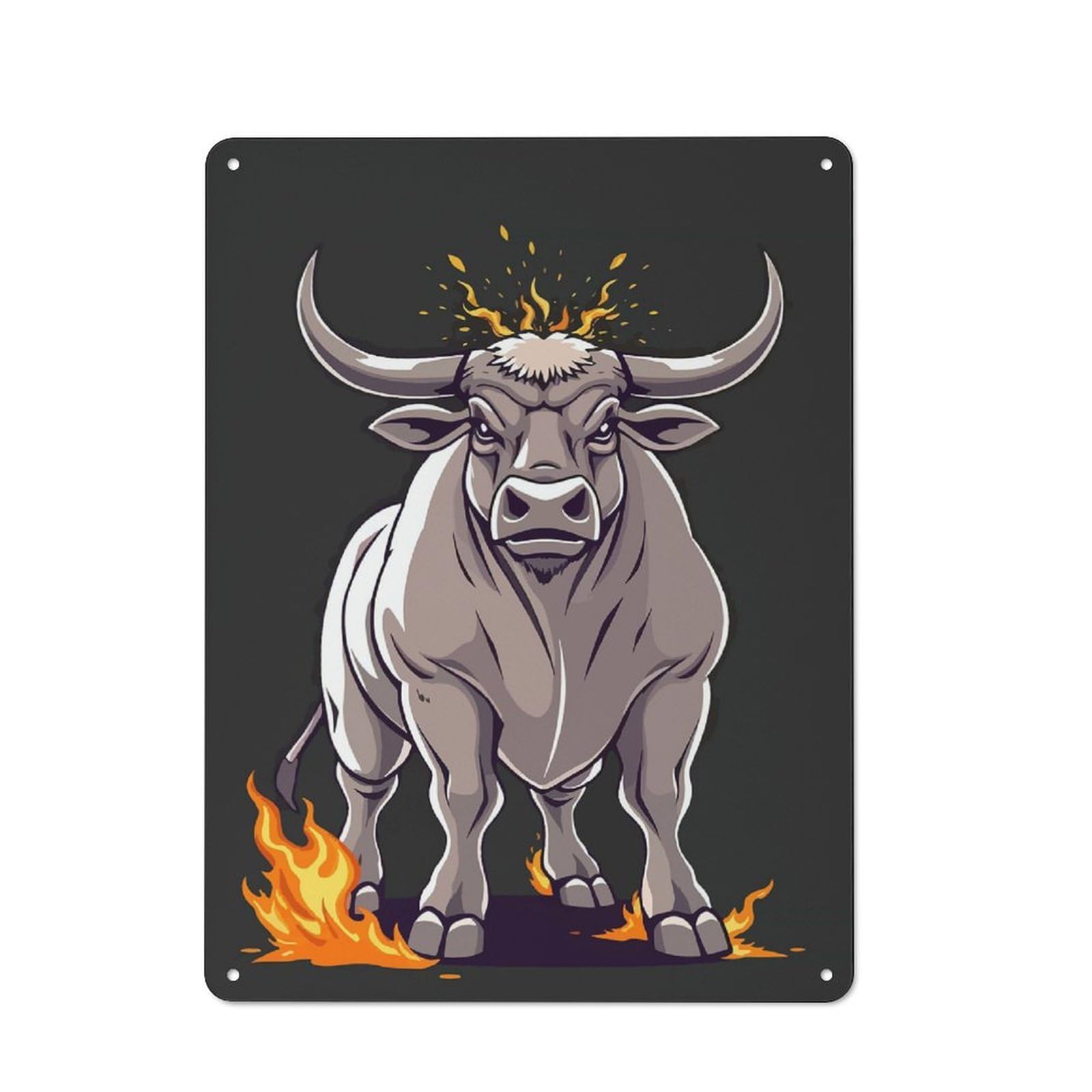 Junmoney Cartoon Bull With Flames Rustic Tin Sign 40X30cm For Man Cave Or Games Room, Housewarming Present For People Styling Man Cave And Games Room