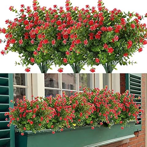 HAPLIA 6 Bundles Artificial Flowers, Fake Artificial Greenery UV Resistant No Fade Faux Plastic Plants for Wedding Bridle Bouquet Indoor Outdoor Home Garden Kitchen Office Table Vase (Red) Cover