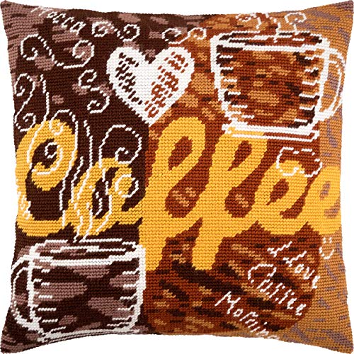 Brvsk Kitchen Embroidery Kit for Adults and Beginners — Coffee 16??×?16? with Clear, Precise Printed Design on Cotton Canvas; Includes 2 Needles, Yarn, and Easy-Read Chart