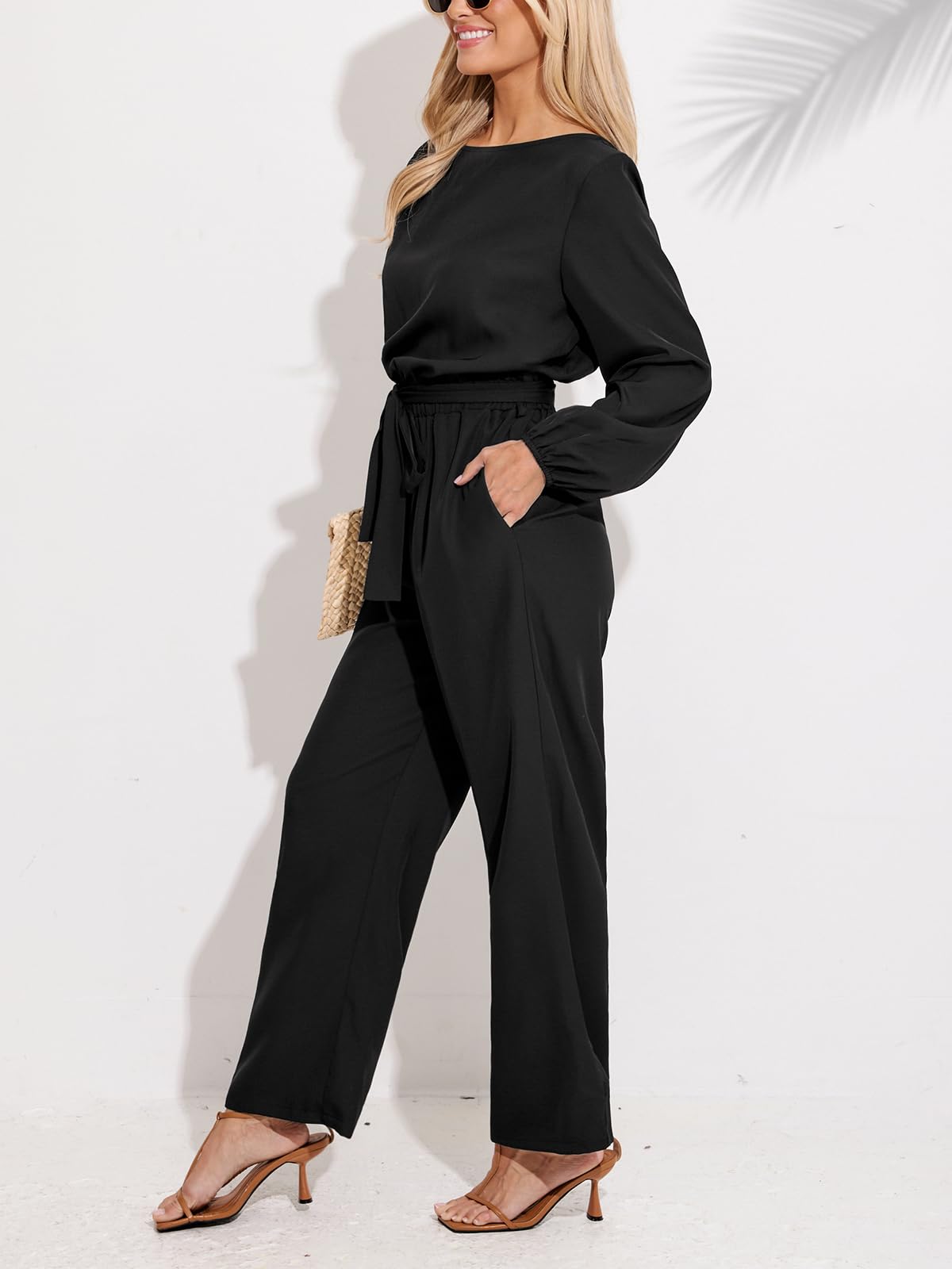 CUPSHE Damen Elegant Jumpsuit Bootskragen Langarm Playsuit mit Gürtel