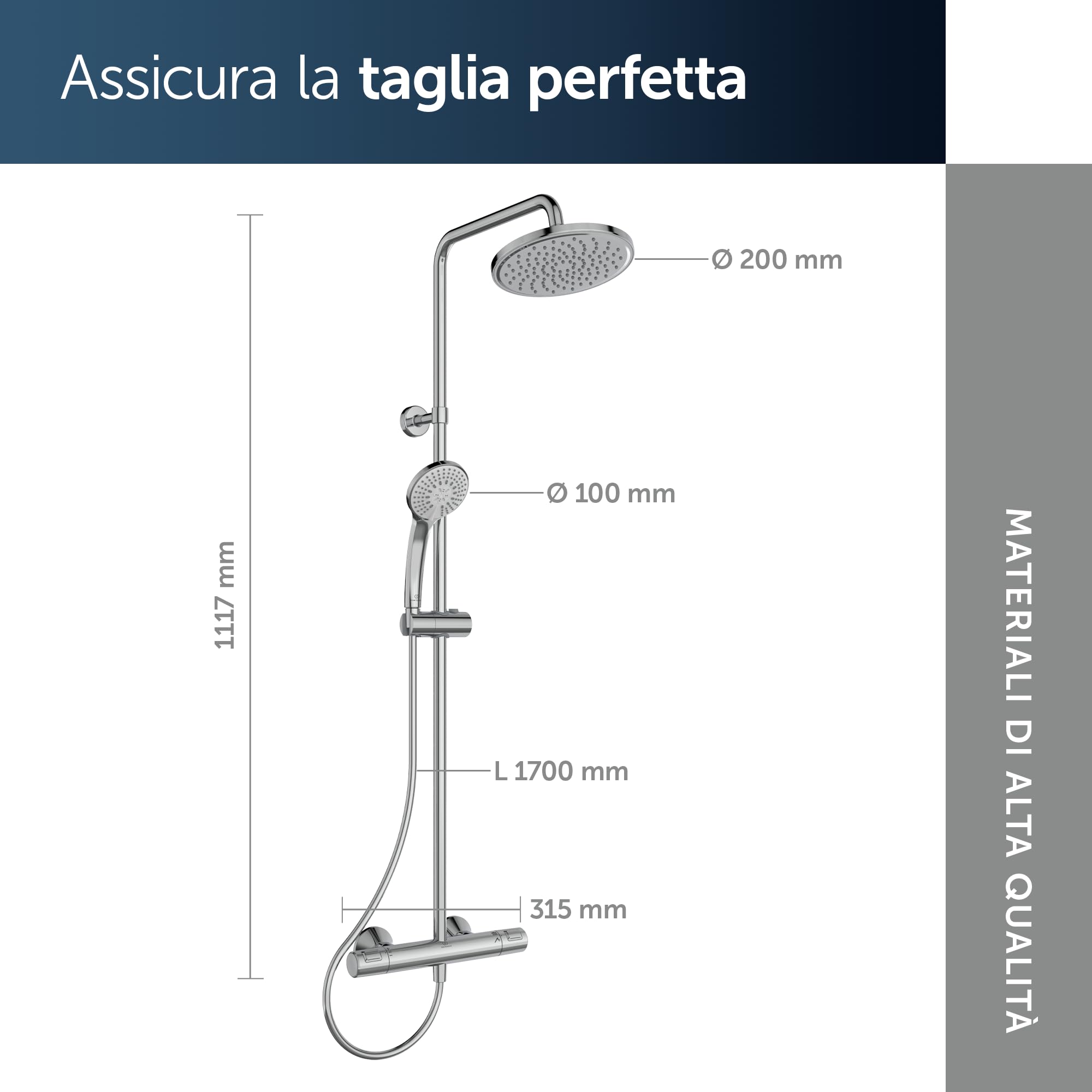 Ideal Standard Ceratherm T25 Sistema doccia, soffione doccia a risparmio idrico con getto variabile e protezione antiscottatura (CoolBody), flessibile doccia 1600 mm – Cromato (315x492,5x1117 mm)