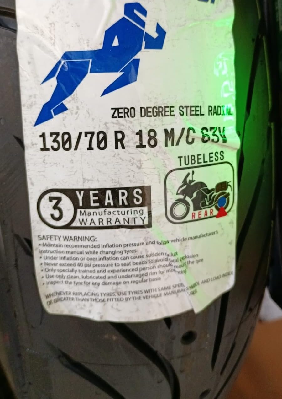 Premium Sports Motorcycle Tyre, 130/70R18, 63V, Tubeless, Sport Touring, 3 Years Manufacturing Warranty (Manufacturing Date 2024)