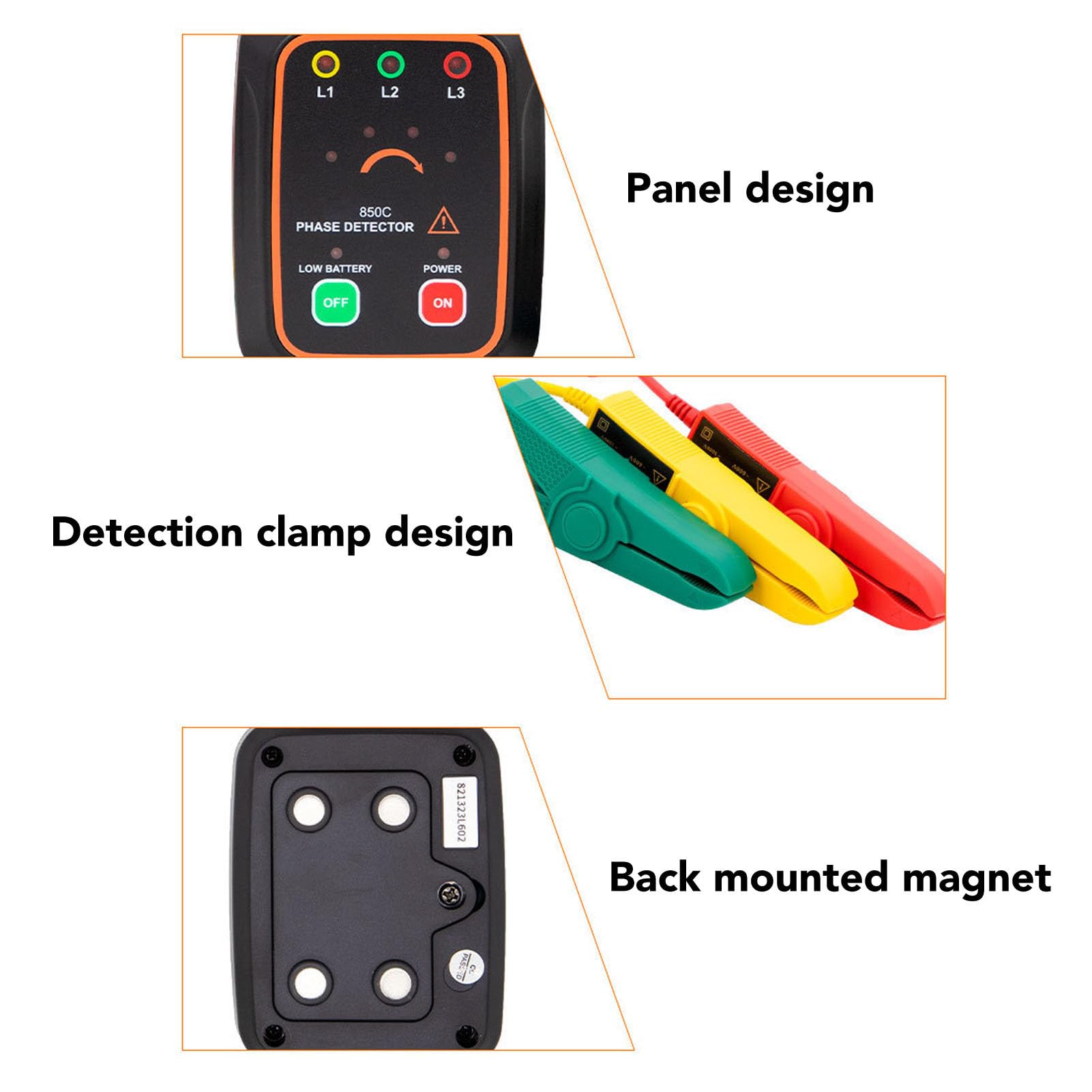 Trójfazowy tester rotacji VC850C z zaciskiem o średnicy od 1,5 mm do 16 mm, tylnym magnesem i zasilaniem DC 3 V – do bezkontaktowego wykrywania fazy i kontroli linii pod napięciem