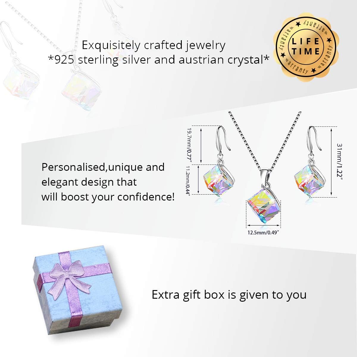 Uloveido Girl's Square Cube Authentic Austrian Crystal Hook Earrings and Rainbow Necklace Sets for Women - 925 Sterling Silver Wedding Engagement Jewelry Sets Box Packing Y418 - Image 6