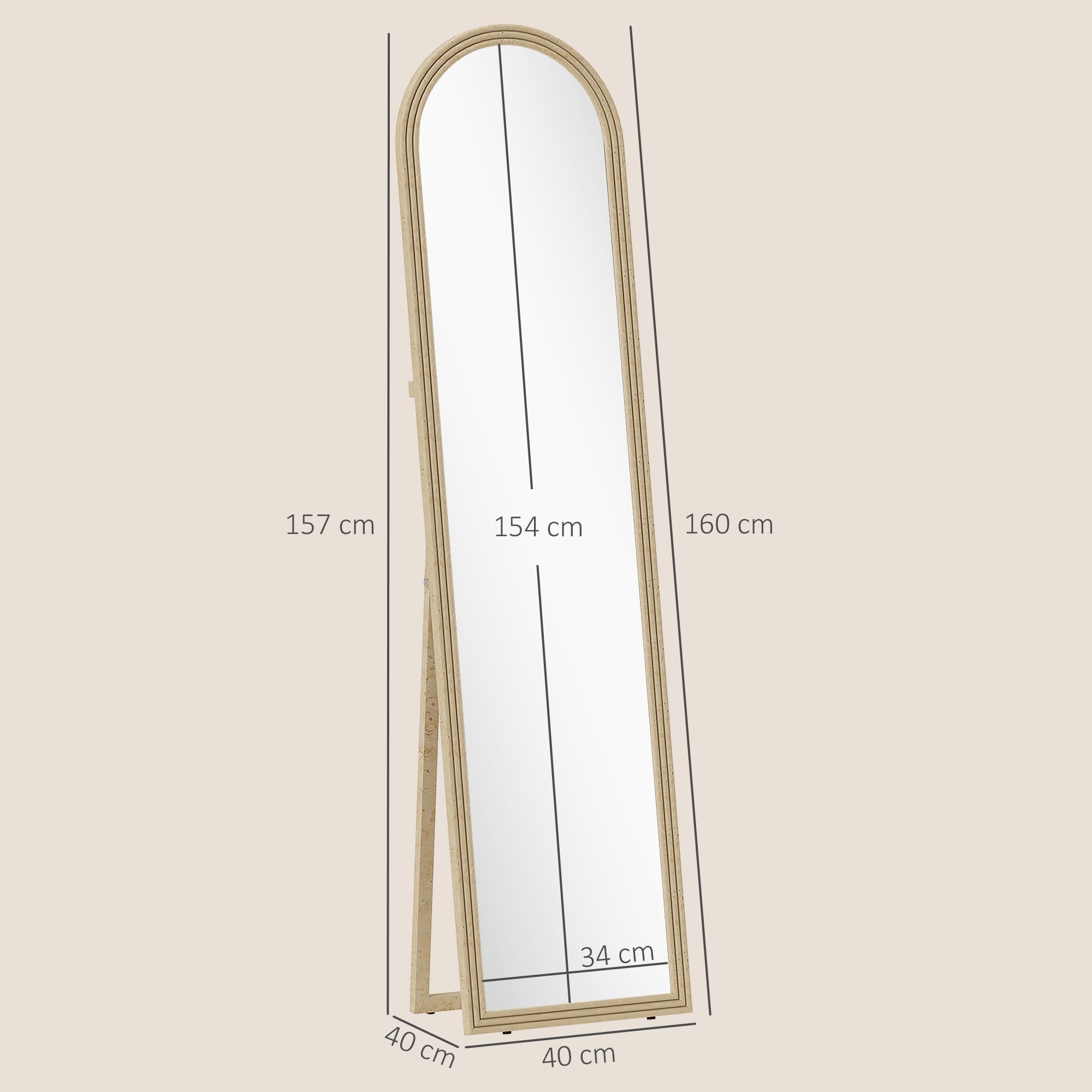 HOMCOM Espejo de Pie Cuerpo Entero 160x40 cm con Marco Efecto Piedra, Espejo de Pared Rectangular para Colgar o Apoyar, 2 Modos de Uso, para Dormitorio, Salón y Entrada, Beige