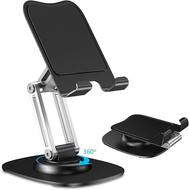 Support de Téléphone Ajustable CreaDream pour Bureau, Support de Téléphone Portable Pliable Rotatif à 360°, Support de Téléphone en Aluminium avec Base Métallique, pour 16 15 14 13 Pro Tous les Téléphones de 4.7 à 8 pouces